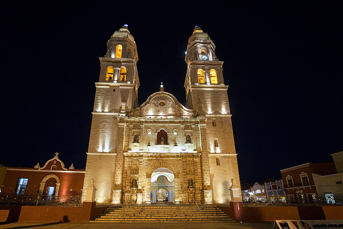 Cathedral of Campeche by night, San Francisco de Campeche, State of Campeche, Mexico.