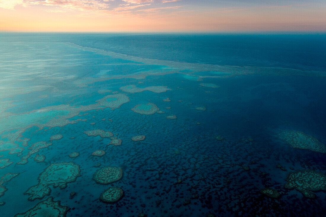 Great Barrier Reef, Queensland, Australia. Aerial View at sunset