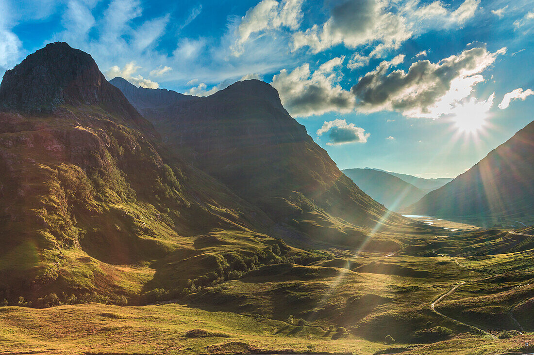 Valley view below the mountains of Glencoe, Lochaber, HIghlands, Scotland, UK