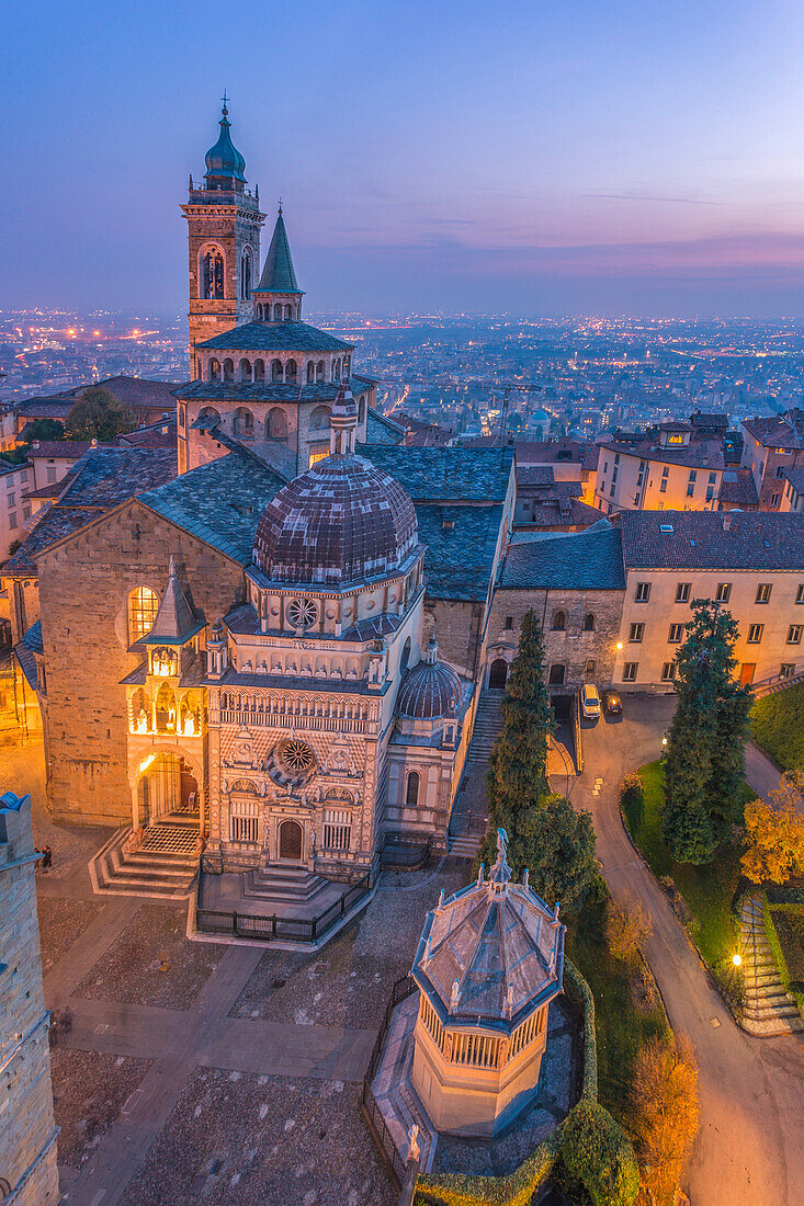 Basilica of Santa Maria Maggiore with Cappella Colleoni(Colleoni Chapel) from above during dusk. Bergamo(Upper town), Lombardy, Italy.