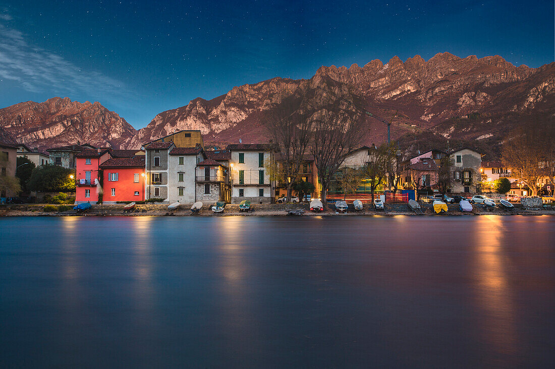 Dusk on the mount Resegone and Pescarenico, Pescarenico, Lecco province, Lombardy, Italy
