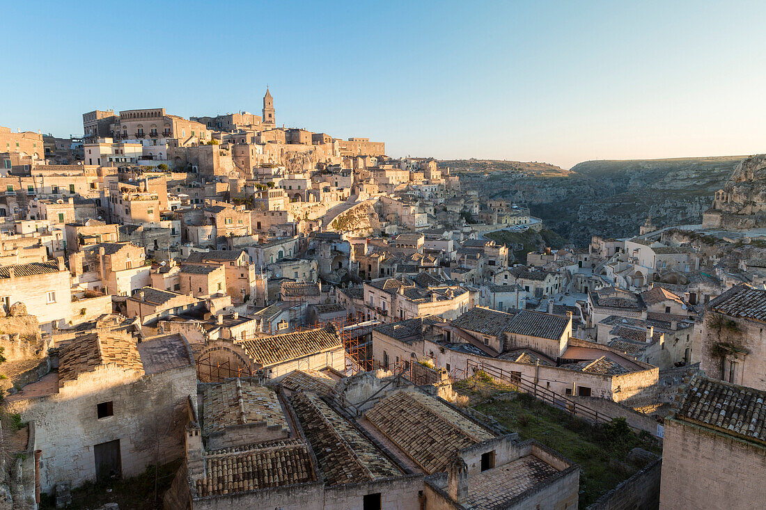 The historical center called Sassi perched on rocks on top of hill, Matera, Matera province, Basilicata, Italy