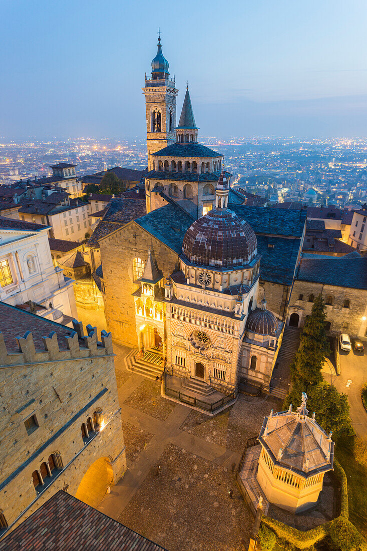 Cathedral of Bergamo with Basilica of Santa Maria Maggiore from above at dusk, Bergamo (Upper town), Lombardy, Italy.