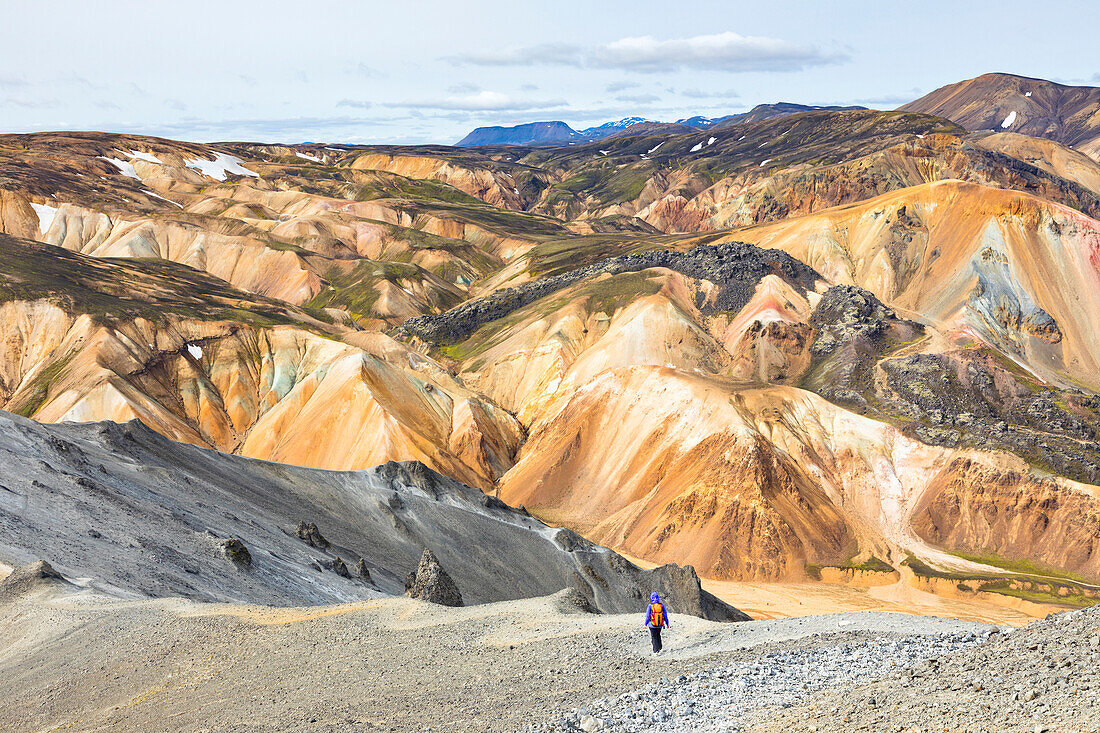 A trekker is coming down from the summit of Blahnukur mountain (Landmannalaugar, Fjallabak Nature Reserve, Highlands, Southern Region, Iceland, Europe)