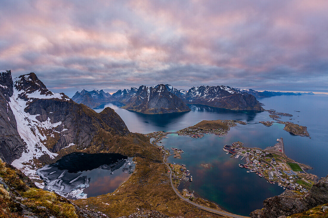 view of Reine and the Reine fjord during midnightsun, Lofoten Islands, Norway