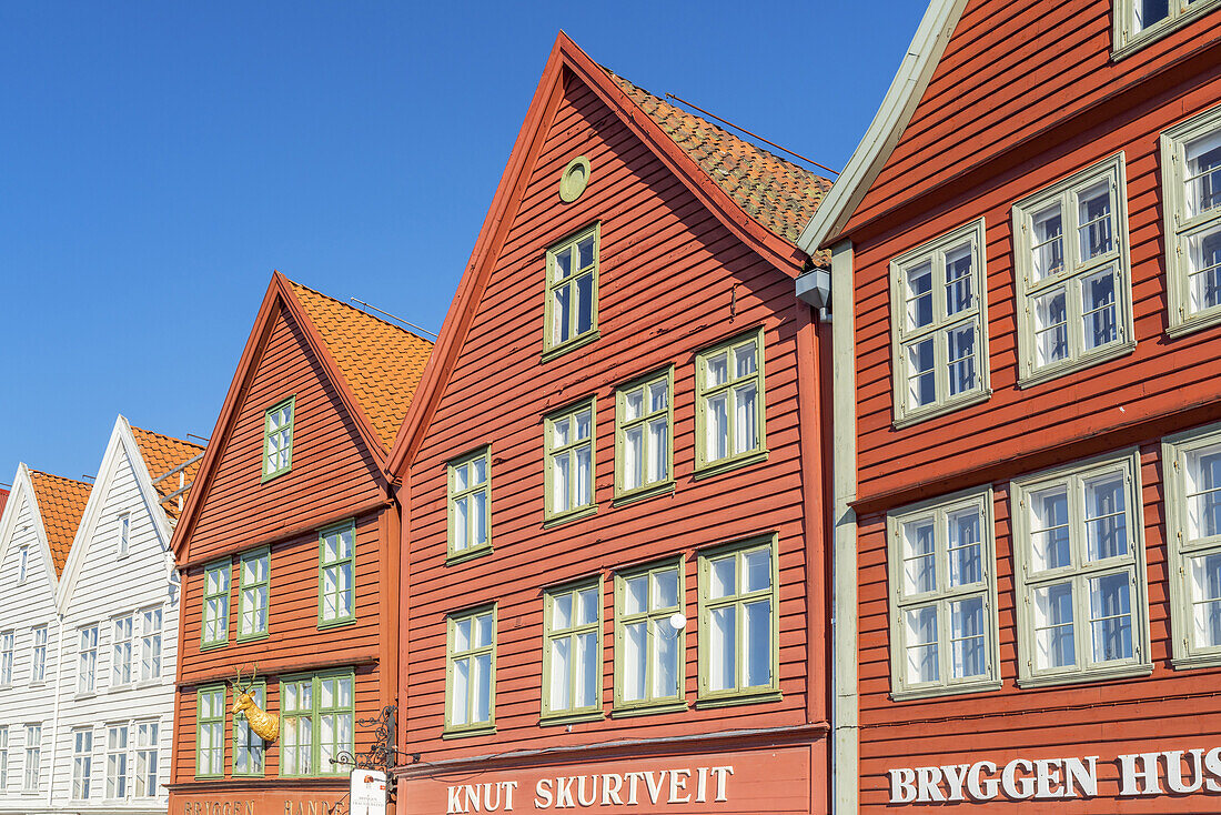 Hanseviertel Bryggen in Bergen, Hordaland, Südnorwegen, Norwegen, Skandinavien, Nordeuropa, Europa