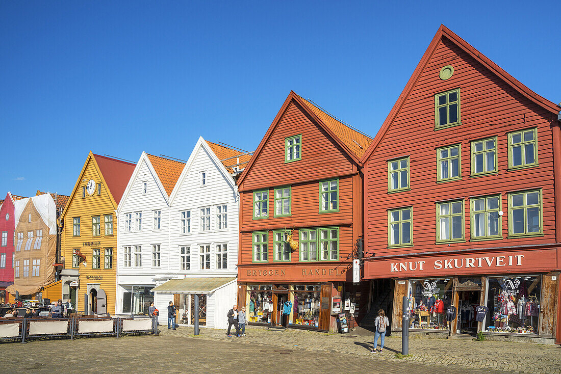 Historic wooden houses in the hanseatic quater Bryggen, old town of Bergen, Hordaland, Southern norway, Norway, Scandinavia, Northern Europe, Europe