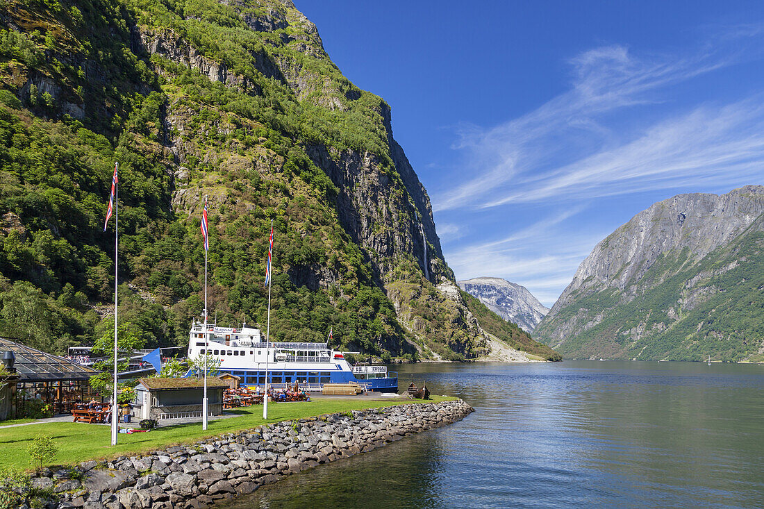 Ferry boat in Nærøyfjord, a branch of Sognefjord, Gudvangen, Sogn og Fjordane, Fjord norway, Southern norway, Norway, Scandinavia, Northern Europe, Europe