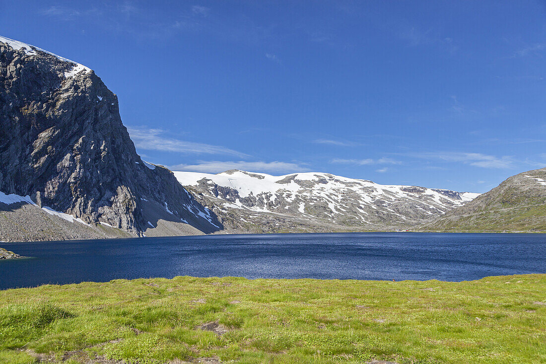 Lake Djupvatnet in front of the mountain Djupvassegga and glacier Skjerdingdalsbreen, More and Romsdal, Fjord norway, Southern norway, Norway, Scandinavia, Northern Europe, Europe