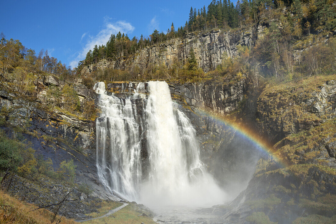 Rainbow over the waterfall Skjervsfossen, near Granvin, Hardanger, Hordaland, Fjord norway, Southern norway, Norway, Scandinavia, Northern Europe, Europe