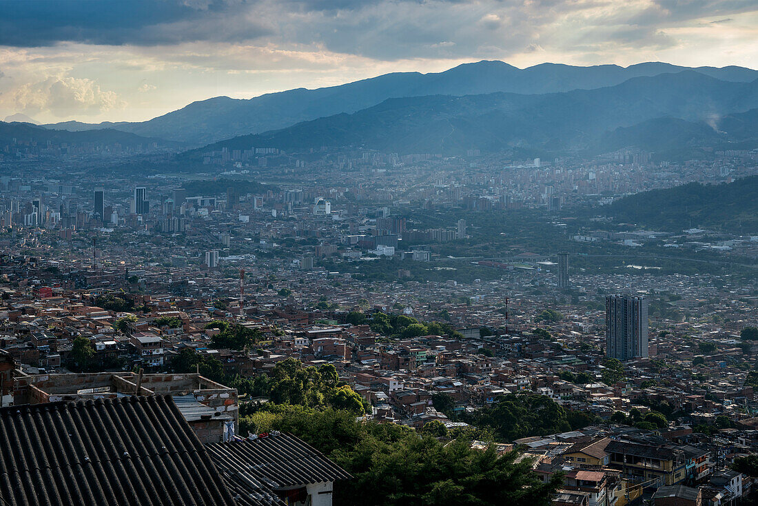 view at downtown Medellin with skyscrapers and Andean Peaks, Departmento Antioquia, Colombia, Southamerica