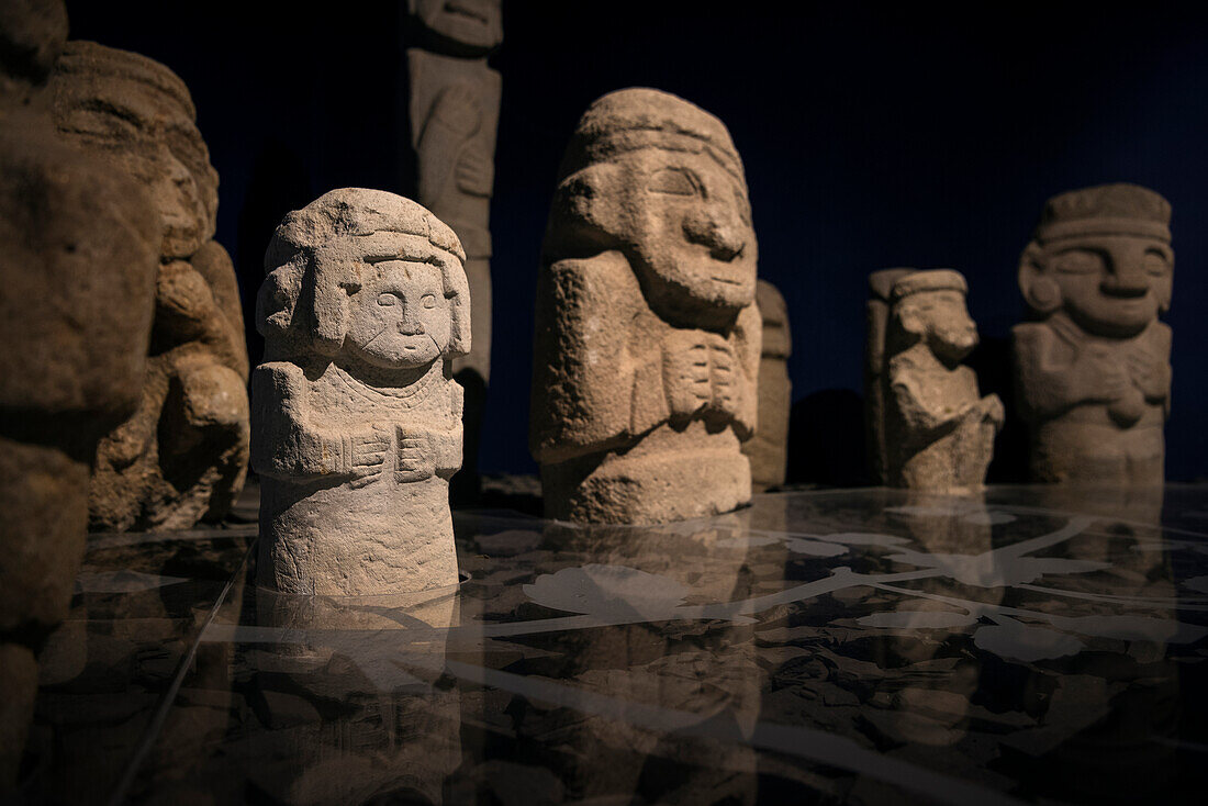 pre-Columbian stone sculptures displayed at the museum, San Agustin, archaeological park, UNESCO Weltkulturerbe, Departmento Huila, Colombia, Southamerica