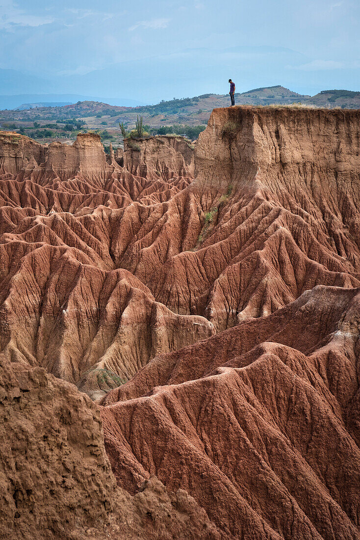 visitor looking down on surreal landscape at Tatacoa desert (Desierto de la Tatacoa), township Villavieja nearby Neiva, Departmento Huila, Colombia, Southamerica