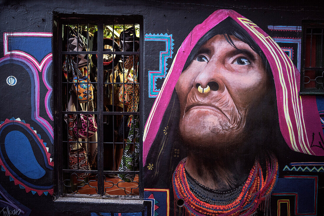 Straßenkunst in Hauptstadt Bogota, Departmento Cundinamarca, Kolumbien, Südamerika