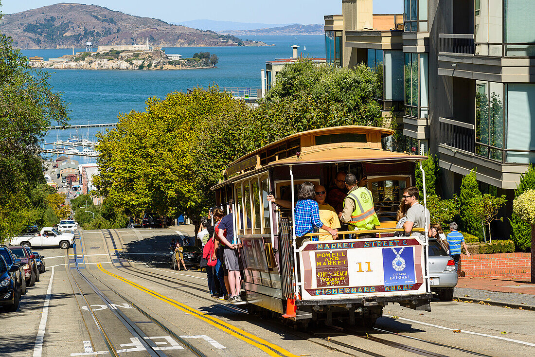 cablecar and Alcatraz, San Francisco, California, USA