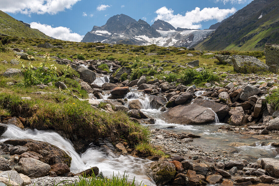 Valley Ochsental, Glacier Ochsentaler Gletscher, Mt. Piz Buin, creek, Bludenz, Vorarlberg, Austria, Europe