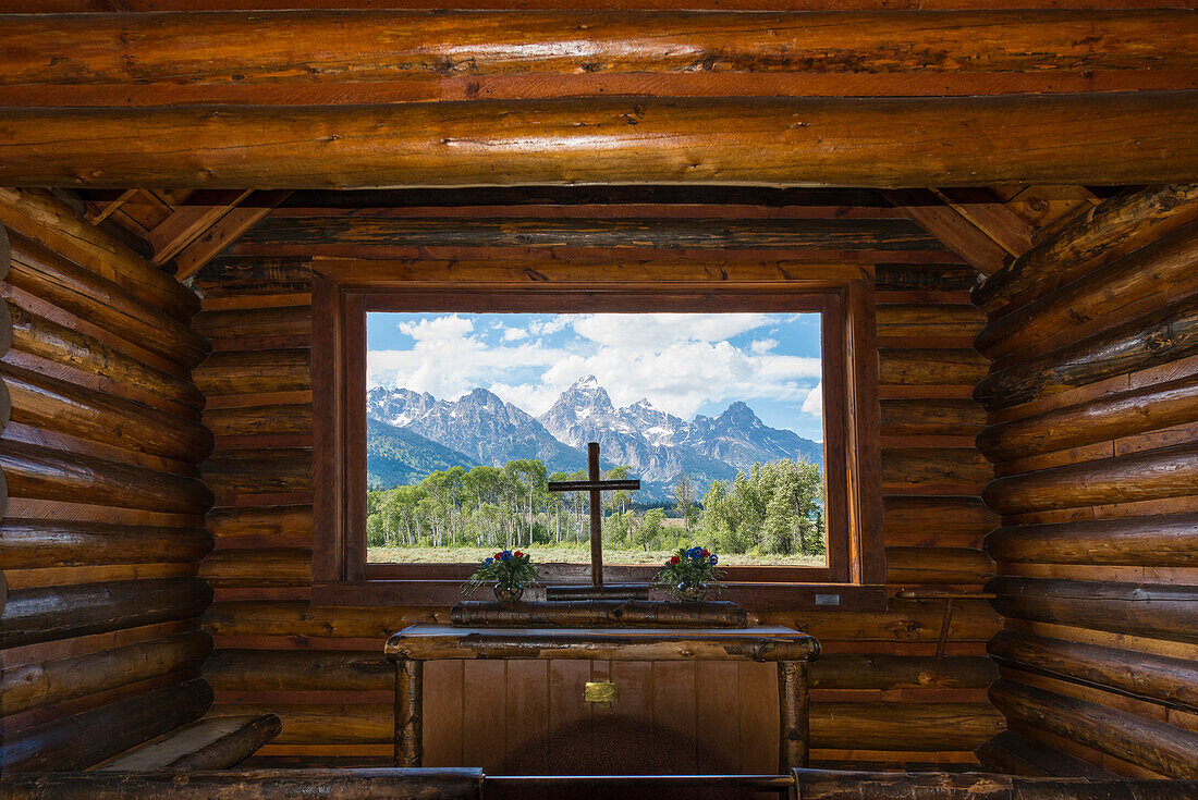 view out of the Chapel of the Transfiguration Episcopal, Grand Teton National Parc, Wyoming, USA