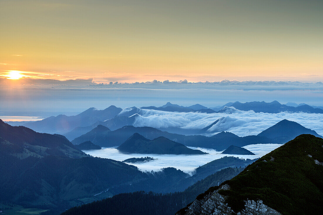 Sonnenaufgang über Chiemsee und Chiemgauer Alpen, mit Nebelstimmung im Inntal, vom Hochmiesing, Hochmiesing, Mangfallgebirge, Bayerische Alpen, Oberbayern, Bayern, Deutschland