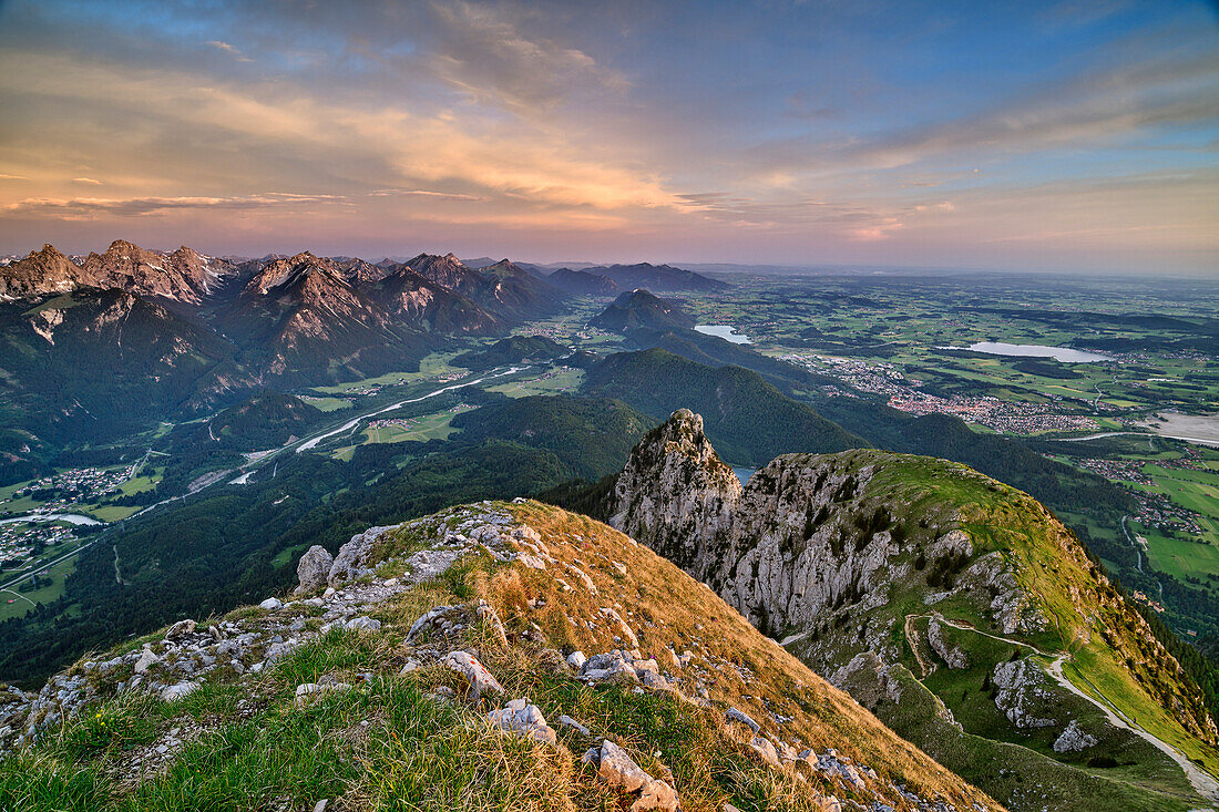 Tannheim Mountains, Fuessen, lake Weissensee and lake Hopfensee, from Saeuling, Ammergau Alps, Upper Bavaria, Bavaria, Germany