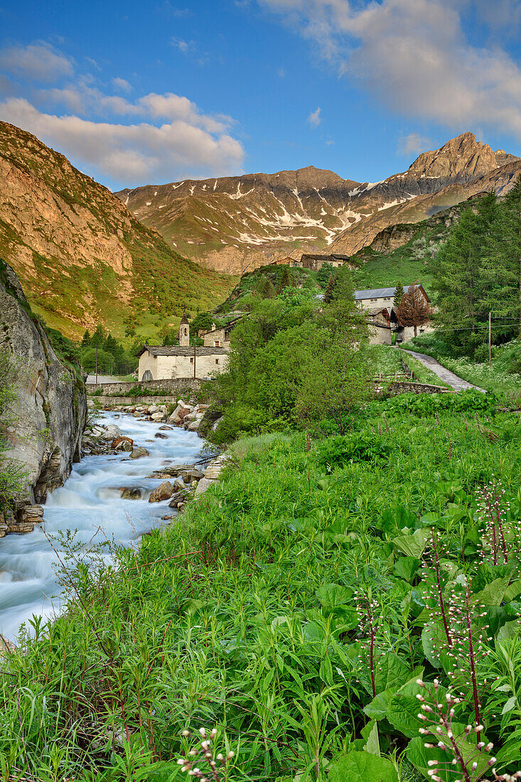 Church Sant' Anna in valley Val Varaita with mountains in background, valley Val Varaita, Cottian Alps, Piedmont, Italy