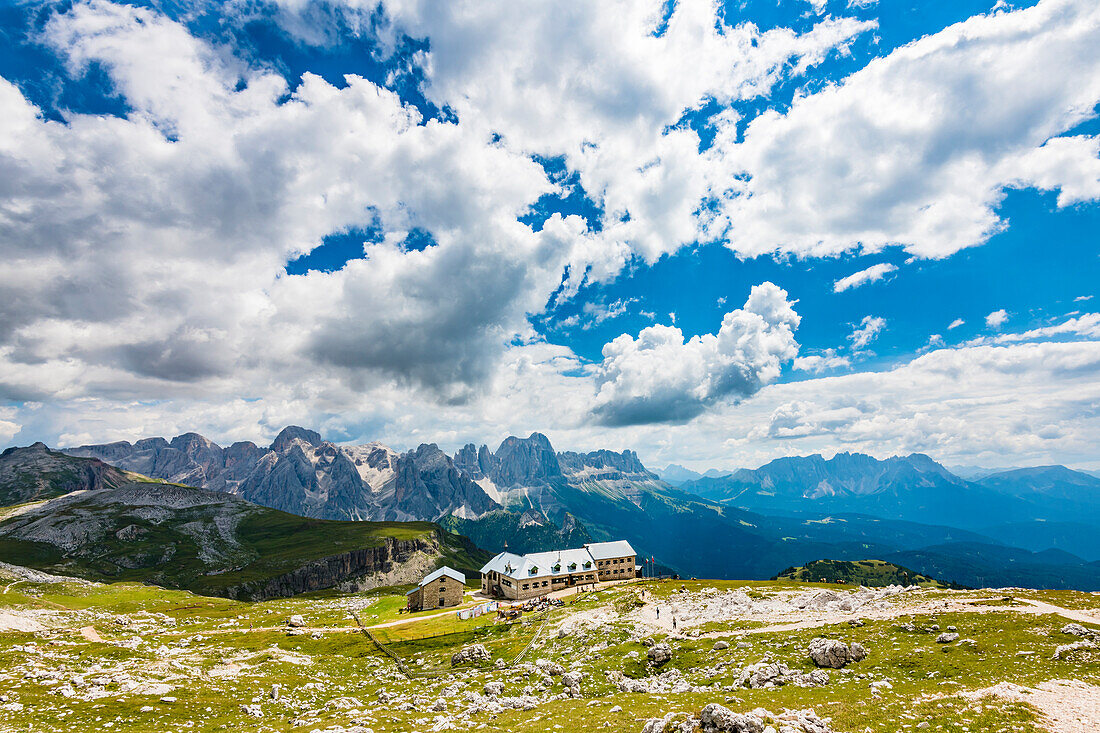 Rosengarten Mountains with Schlernhaus, Compatsch, Seiser Alm, South Tyrol, Italy