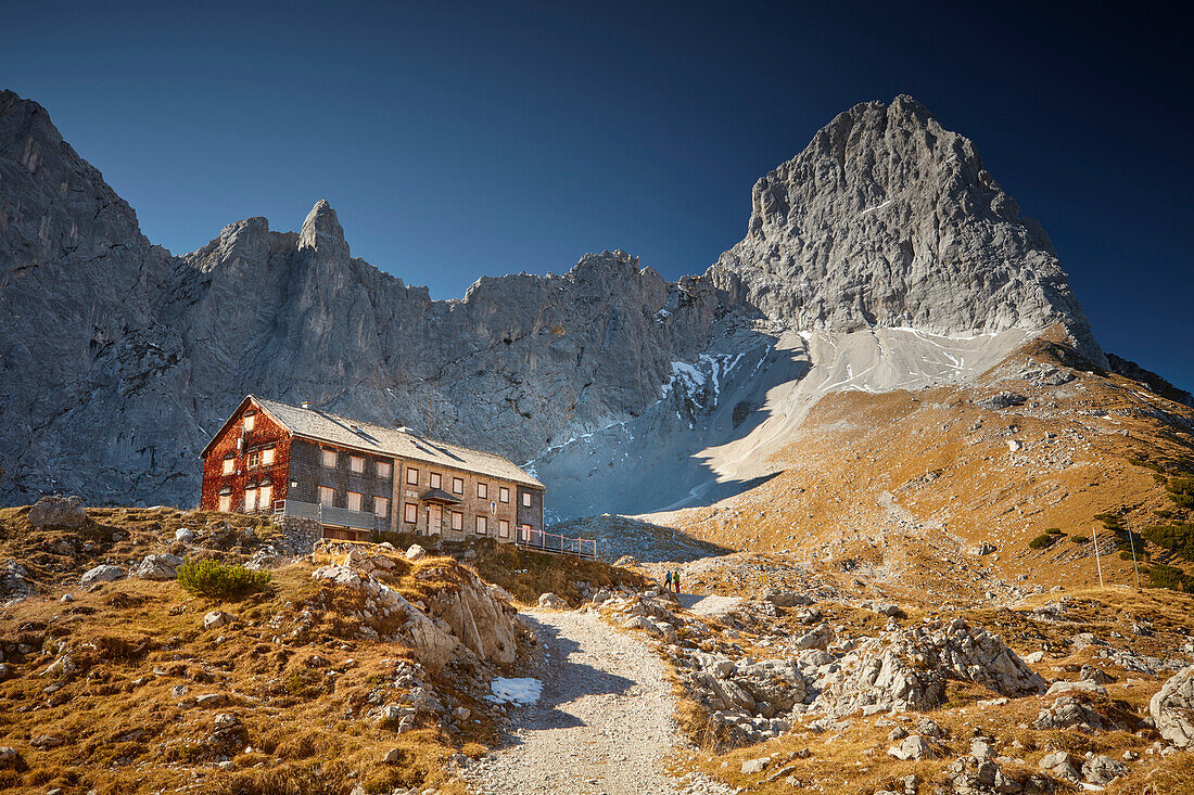 Lamsenjoch alpine hut (closed) Lamsenspitze in the back,  Eastern Karwendel Range, Tyrol, Austria