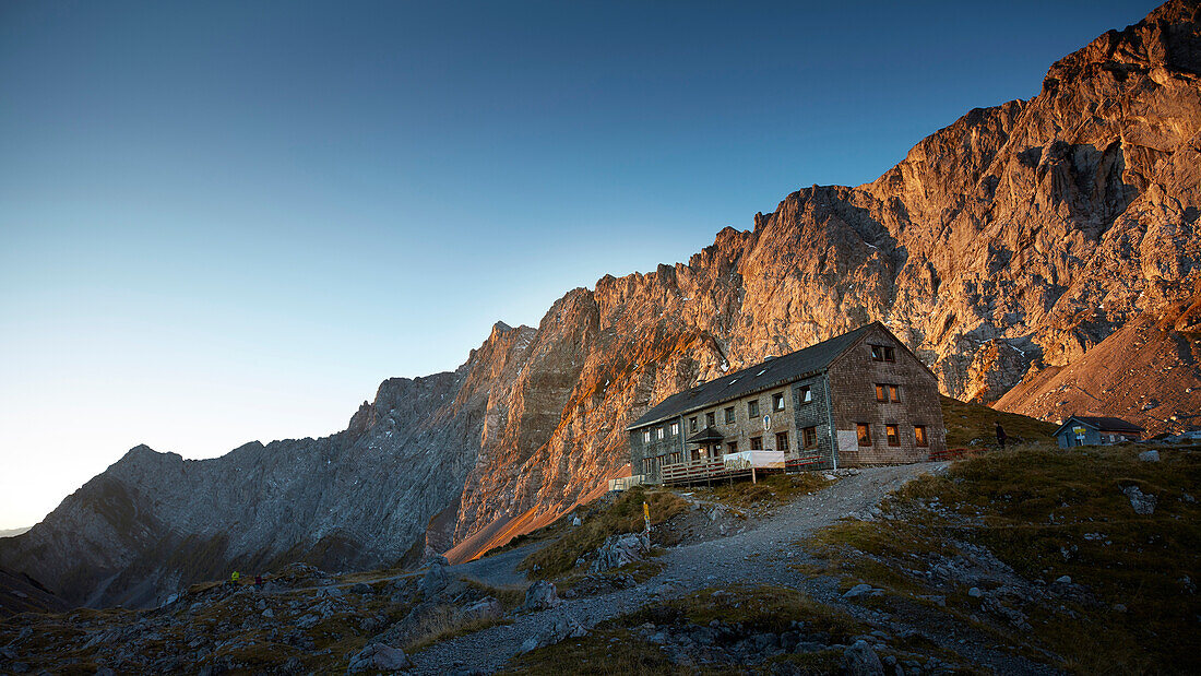 Lamsenjochhuette alpine hut, morning, autumn,  Eastern Karwendel Range, Tyrol, Austria