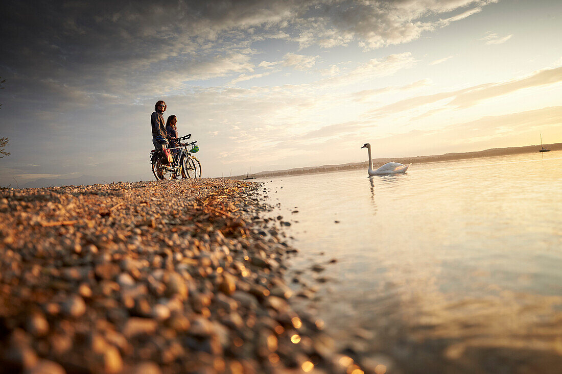 Young  woman on touring bike, young man on touring eBike on tour, lakeshore, Muensing, lake starnberg, bavaria, germany