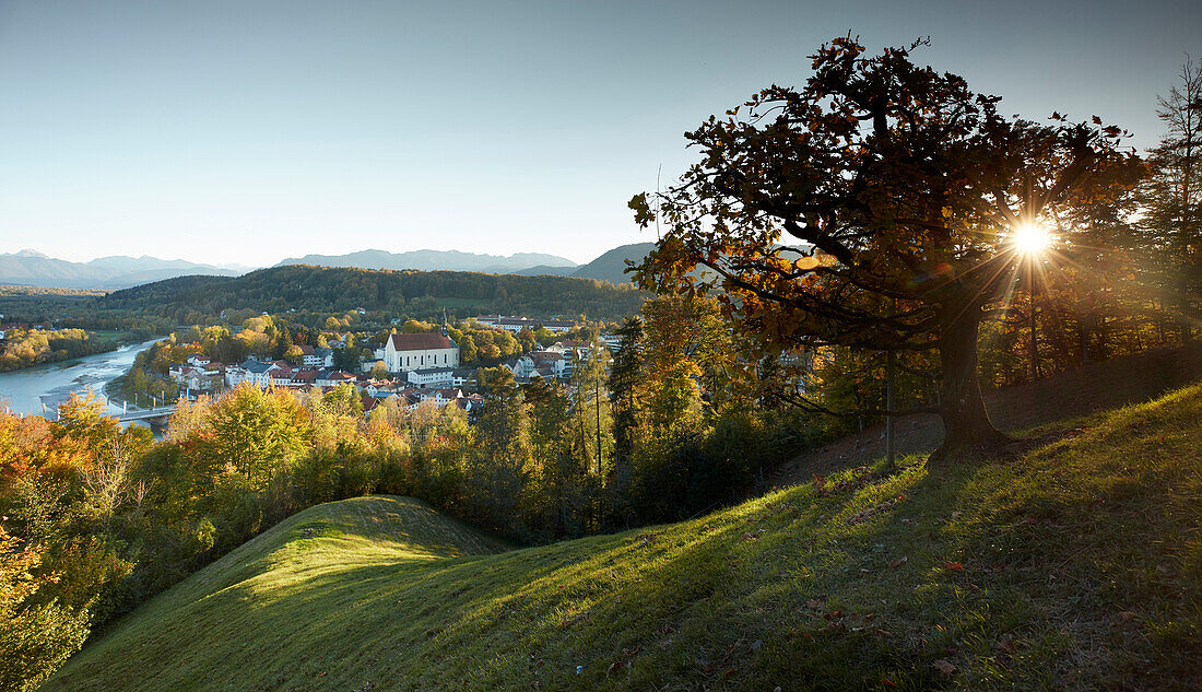 view from Kalvarienberg to Bad Toelz and River Isar, river Isar, bavaria, germany