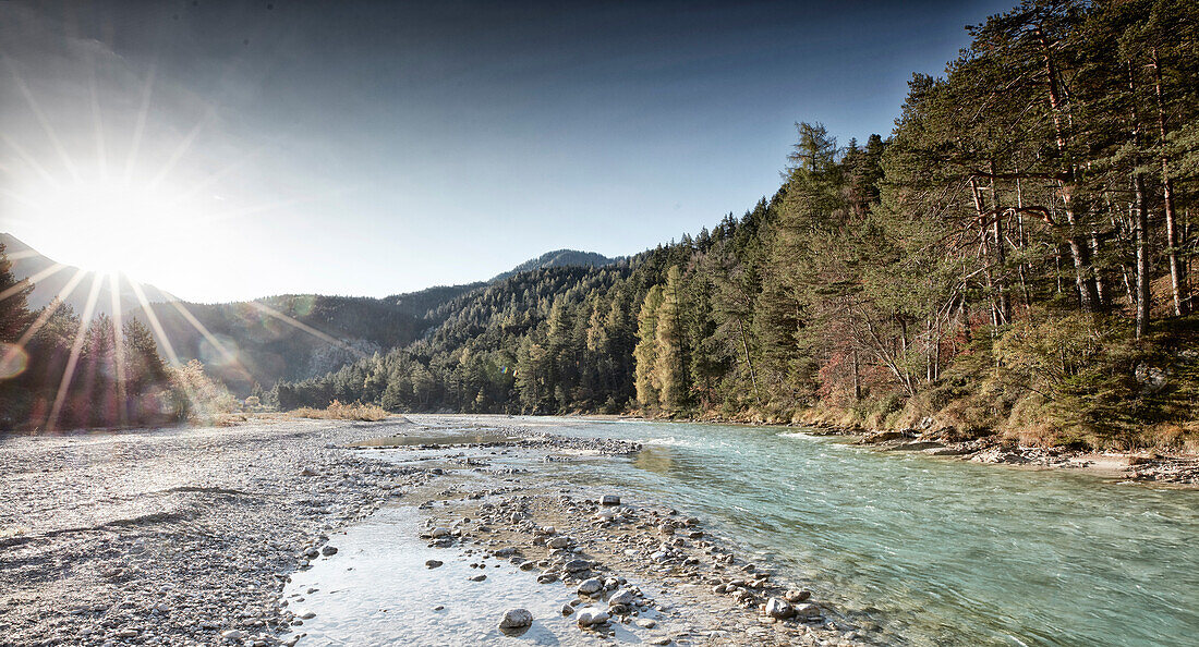 panoramic view   River Isar, river Isar, hinterau valley, Karwendel mountains, Tyrol, Austria