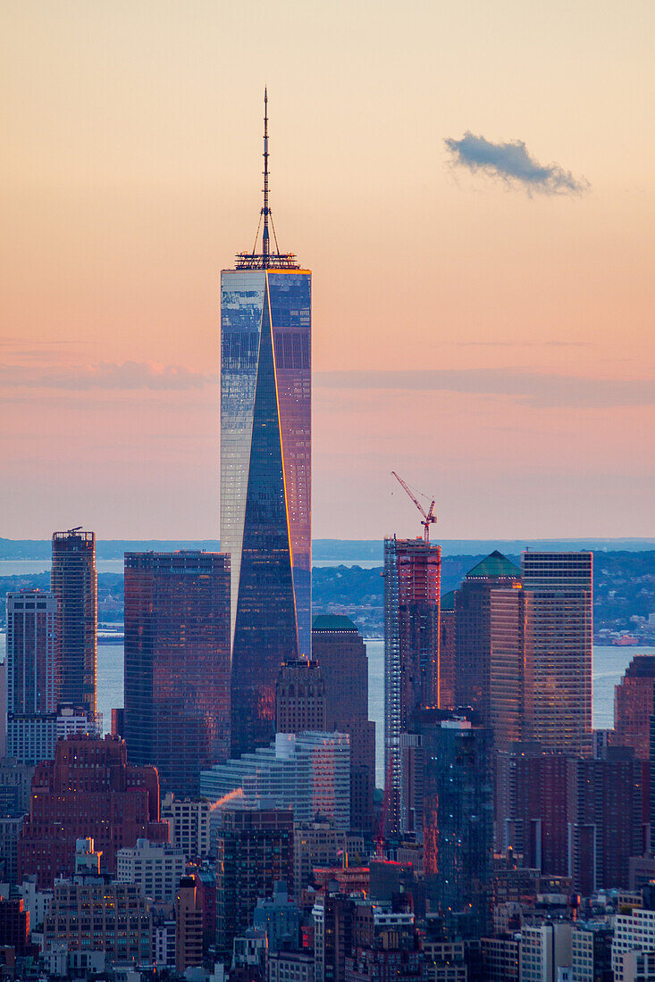 sun setting over one world trade center, financial district, manhattan, new york city, new york, united states, usa