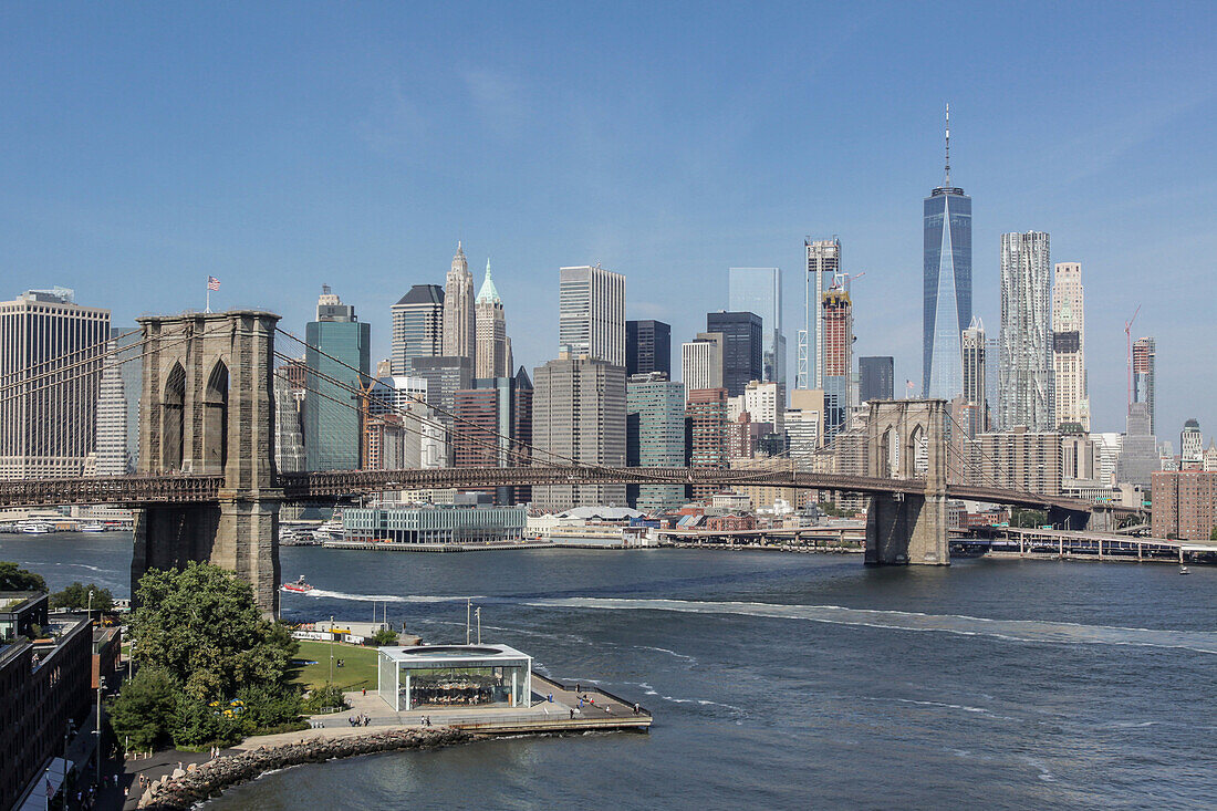 panorama of the brooklyn bridge and the manhattan skyline with one world trade center seen from the manhattan bridge, east river, brooklyn bridge, architecture, monument, financial district, financial district, new york city, new york, united states, usa