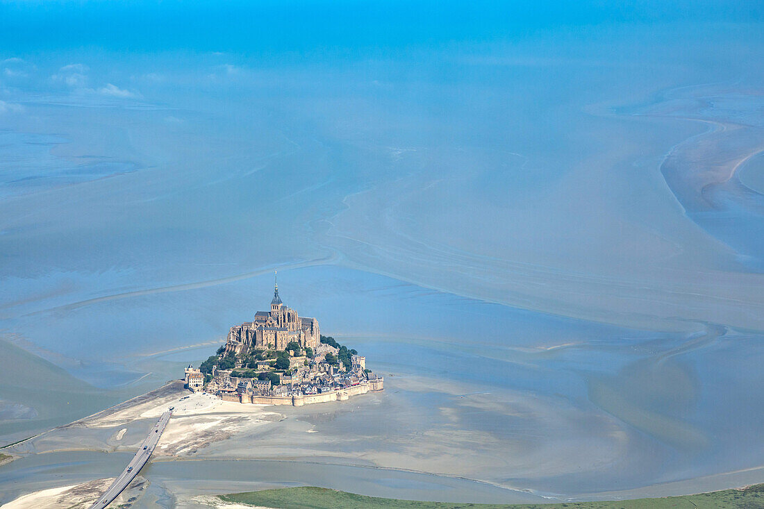 aerial view of the bay of mont saint michel and the many colorful fields surrounding it, avranches, (50) manche, normandy, france