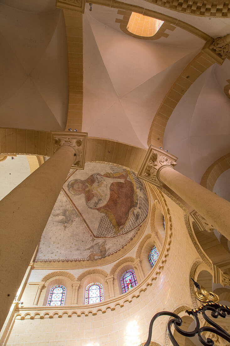 ceiling and frescoes of the christ in majesty beneath the choir's vault, sacre coeur basilica and cloister, paray-le-monial (71), france