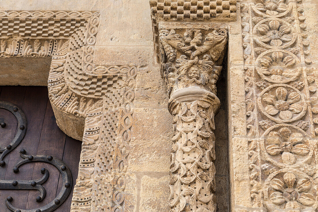 floral ornament of pine cones and acanthus leaves, western door, sacre coeur basilica and cloister, paray-le-monial (71), france