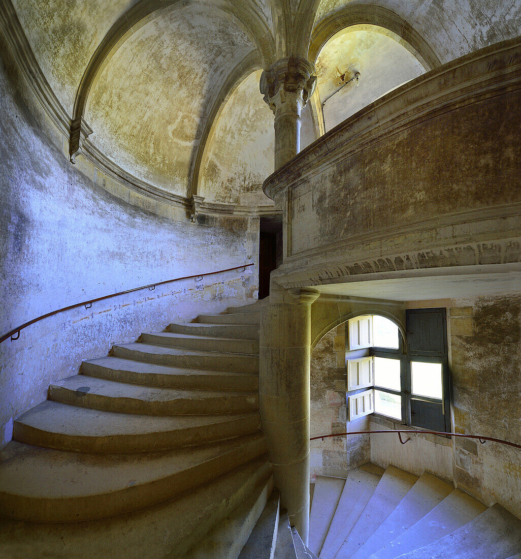 Europe, France, spiral staircase of the castle of Saint-Amand in Puisaye in Burgundy