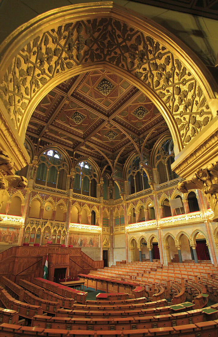 Hungary, Budapest, Parliament, Orszaghaz, interior, Debating Chamber