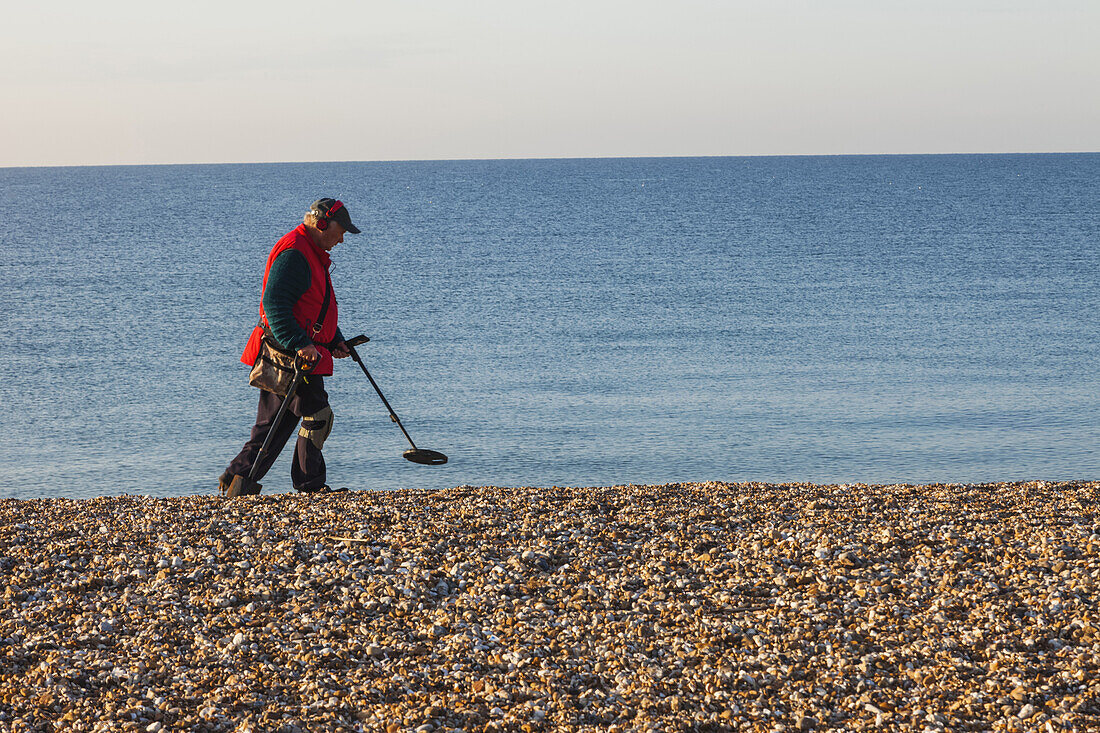 England, West Sussex, Bognor Regis, Bognor Regis Beach, Man Metal Detecting