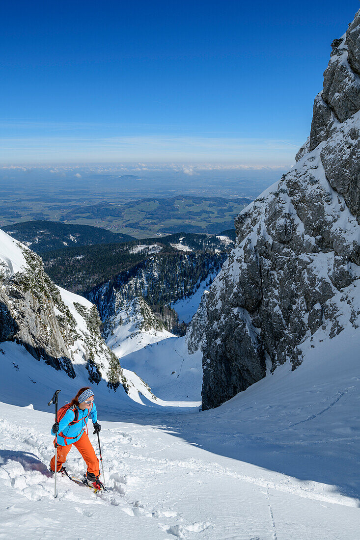 Woman backcountry-skiing ascending through cirque towards Zwiesel, Zwiesel, Chiemgau Alps, Chiemgau, Upper Bavaria, Bavaria, Germany
