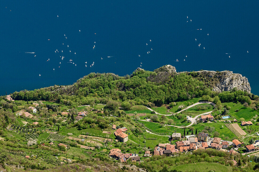 View towards lake Garda with sailing boats and towards Pregasina, lake Garda, Garda Mountains, Trentino, Italy