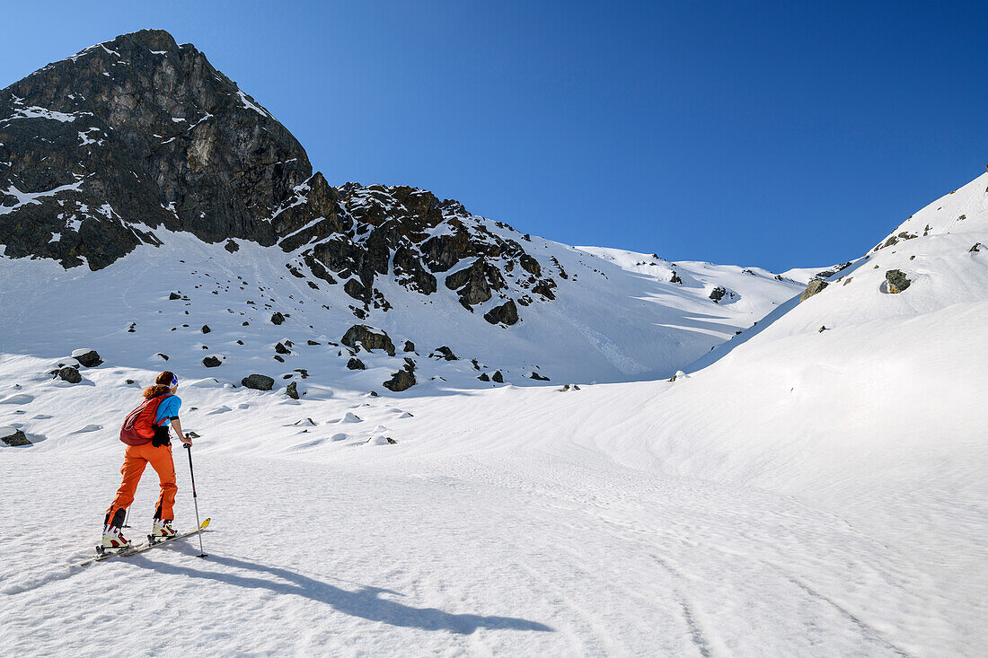 Frau auf Skitour steigt zur Cima Valon auf, Val di Rabbi, Ortlergruppe, Trentino, Italien