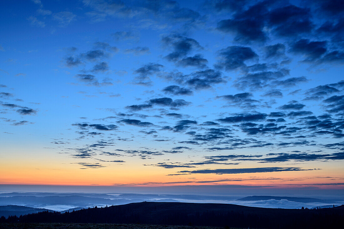 Morgenstimmung mit Wolken am Himmel und Nebel im Tal, vom Feldberg, Feldberg, Schwarzwald, Baden-Württemberg, Deutschland