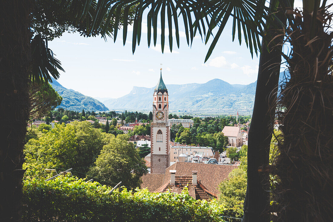 Church tower of Meran with palm trees in the foreground, E5, Alpenüberquerung, 6th stage, Vent,Niederjochbach, Similaun hut, Schnalstal, Vernagt reservoir, Meran