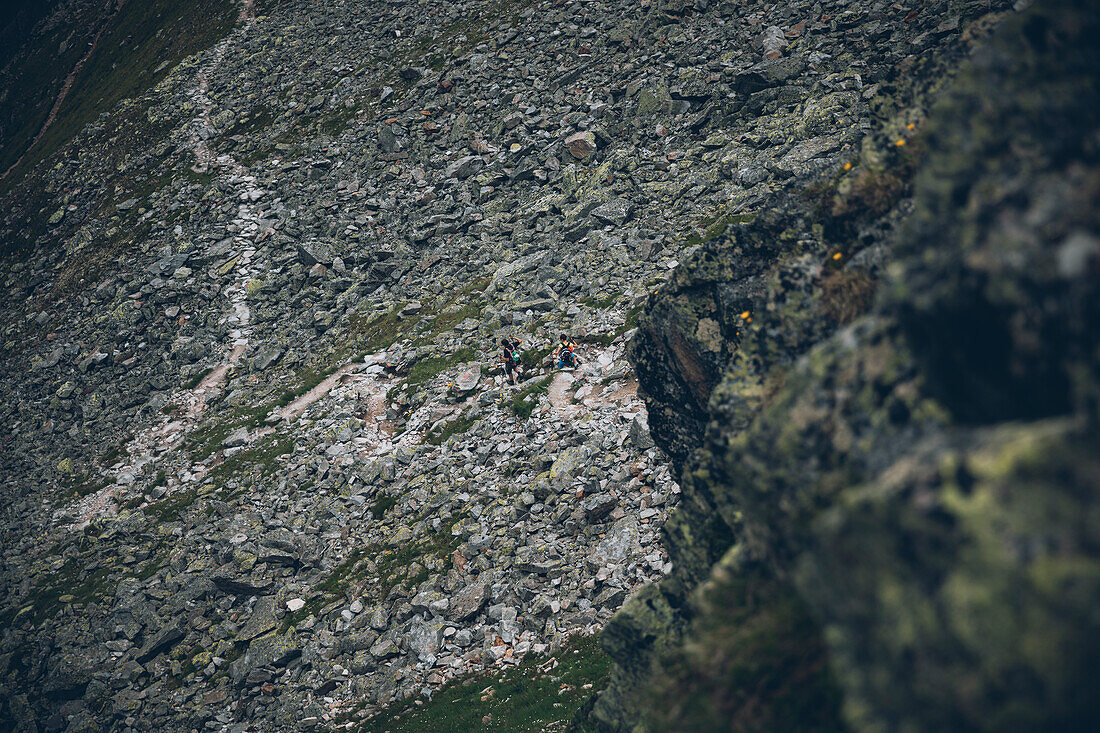 Mountaineer descending in the boulder field, E5, Alpenüberquerung, 4th stage, Skihütte Zams,Pitztal,Lacheralm, Wenns, Gletscherstube, Zams to  Braunschweiger Hütte, tyrol, austria, Alps