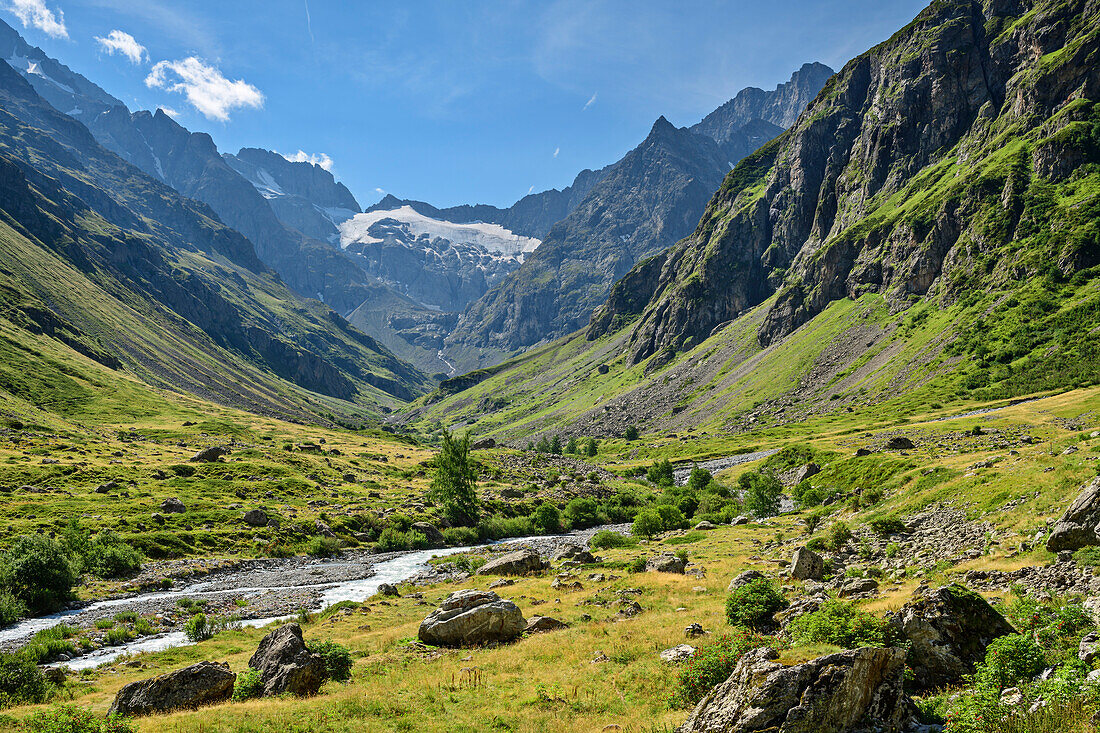 Blick auf Glacier d'Entre Pierroux, am Refuge de la Lavey, Ecrins, Nationalpark Ecrins, Dauphine, Dauphiné, Hautes Alpes, Frankreich