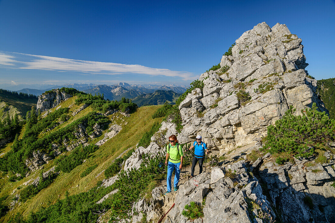 A man and a woman walking on, rising to the Aiplspitze Aiplspitze, Mangfall Mountains, the Bavarian Alps, Upper Bavaria, Bavaria, Germany