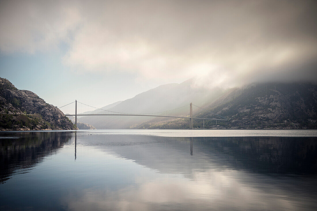 decreasing fog at Lysefjord Bridge, Forsand, Rogaland Province, Norway, Scandinavia, Europe