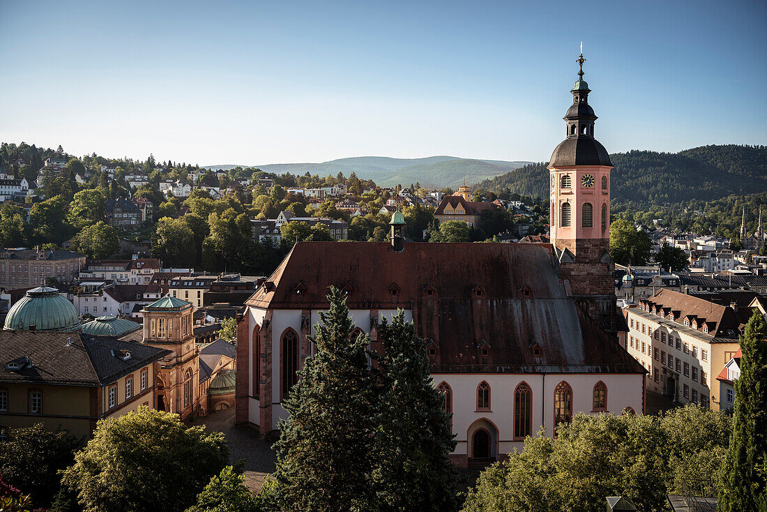 panoramic view over Baden-Baden with church in front, spa town, Baden-Wuerttemberg, Germany