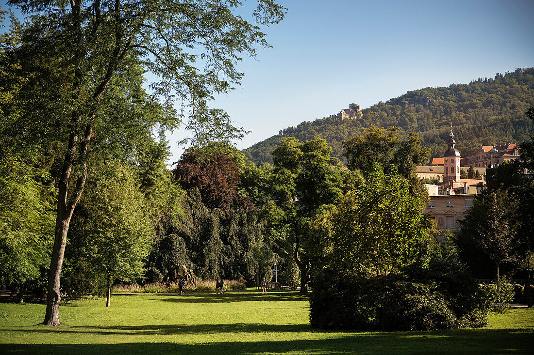 view from Spa gardens at church and ruin Hohenbaden (old castle), Baden-Baden, spa town, Baden-Wuerttemberg, Germany