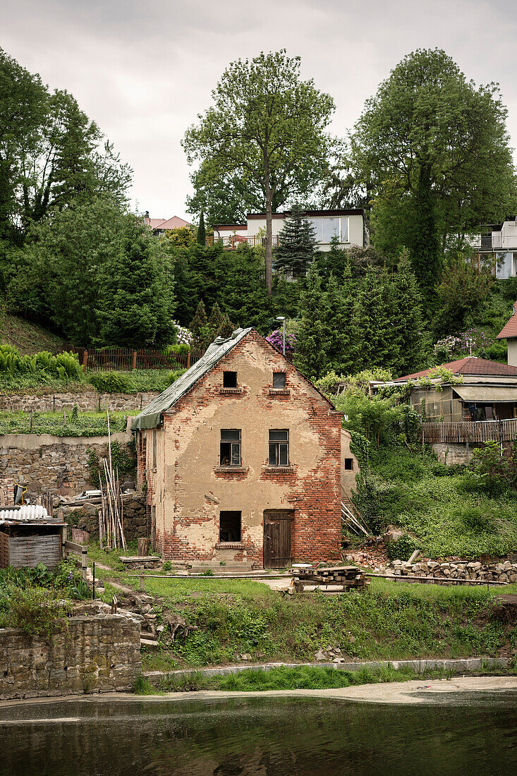 run down house at Spree riverside, Bautzn, Saxony, Germany